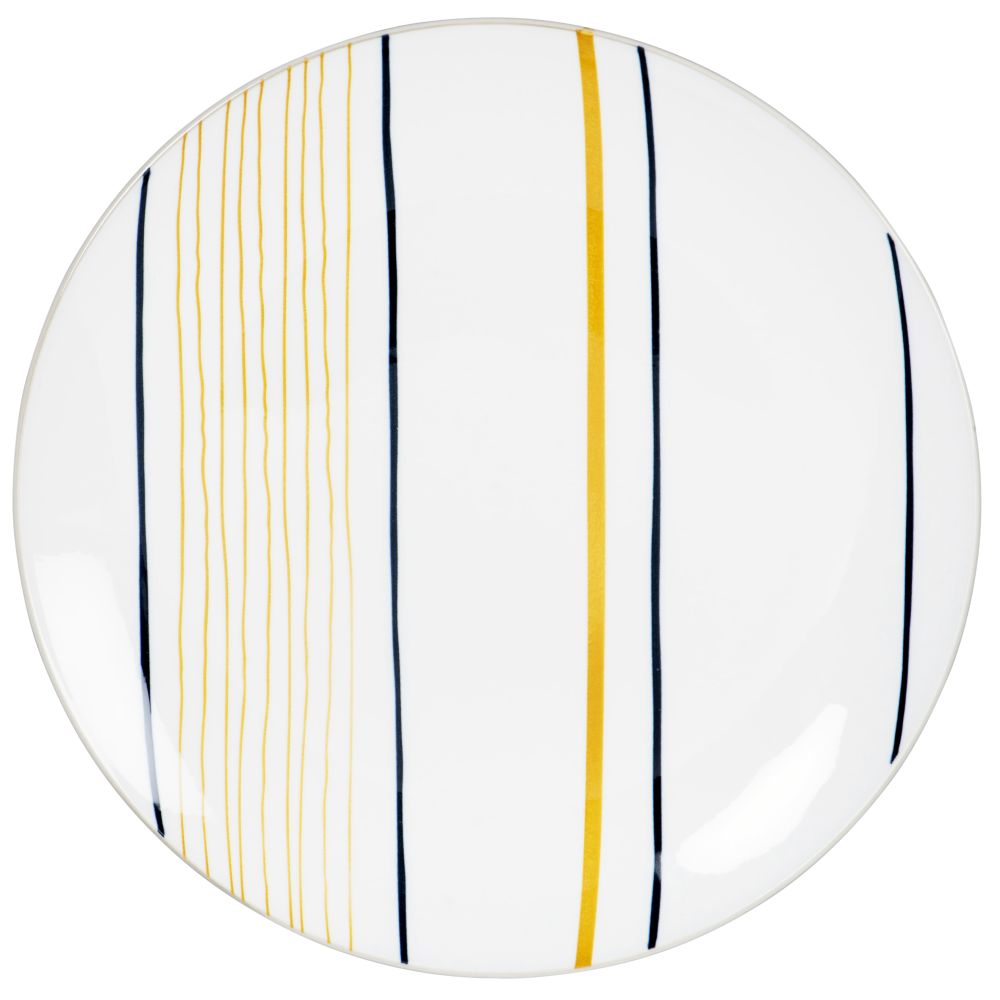 Assiette plate en porcelaine blanche motifs à rayures noires et moutarde