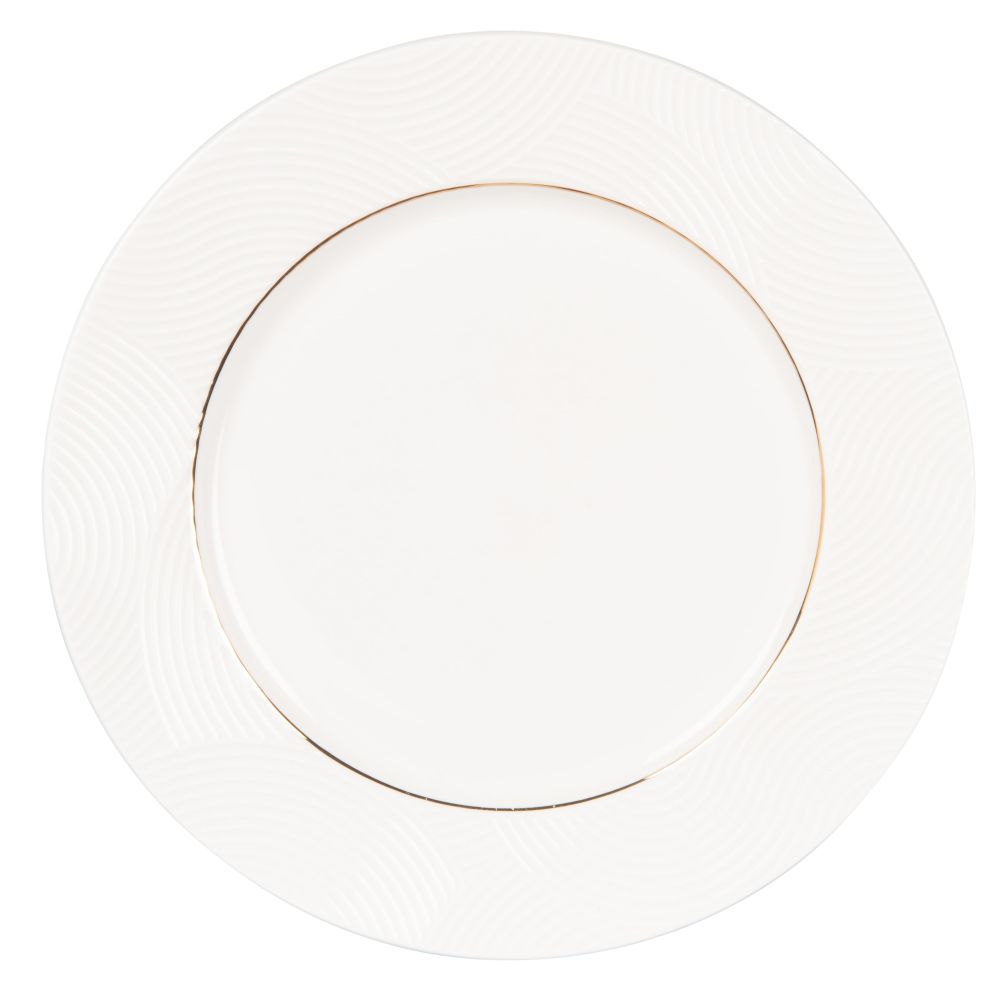 Assiette plate en porcelaine blanche motifs graphiques dorés