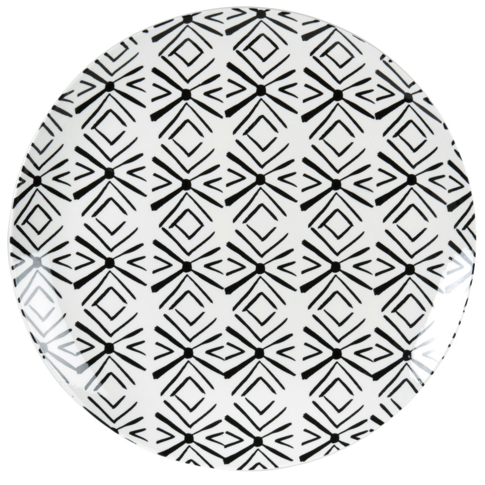 Assiette plate en porcelaine motifs graphiques blancs et noirs
