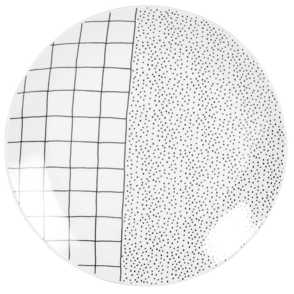 Assiette plate en porcelaine noire et blanche motifs pois et carreaux