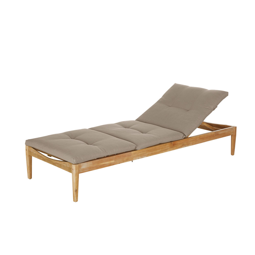 Bain de soleil en acacia massif et matelas taupe (photo) Bain de soleil en acacia massif et matelas taupe