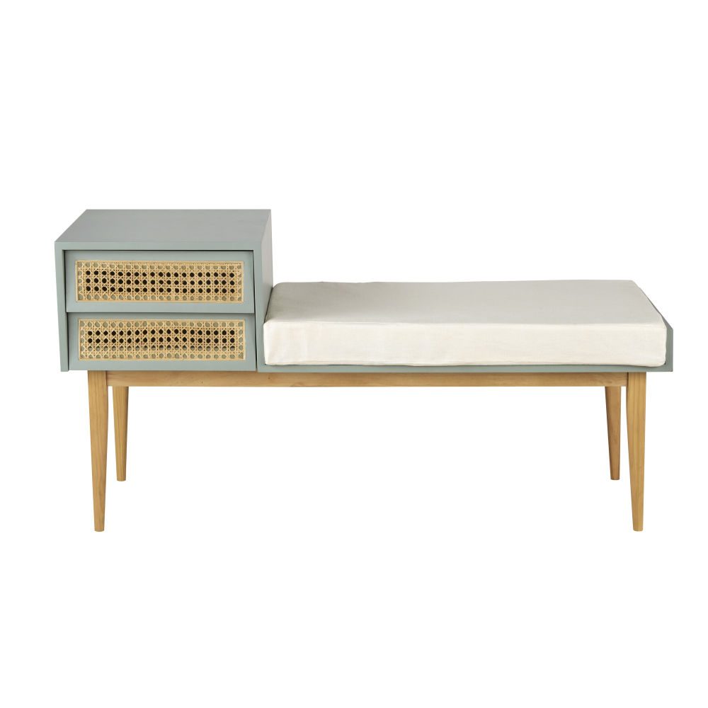 Banc d'entrée 2 tiroirs avec cannage en rotin gris bleu coussin en lin écru (photo) Banc d'entrée 2 tiroirs avec cannage en rotin gris bleu coussin en lin écru