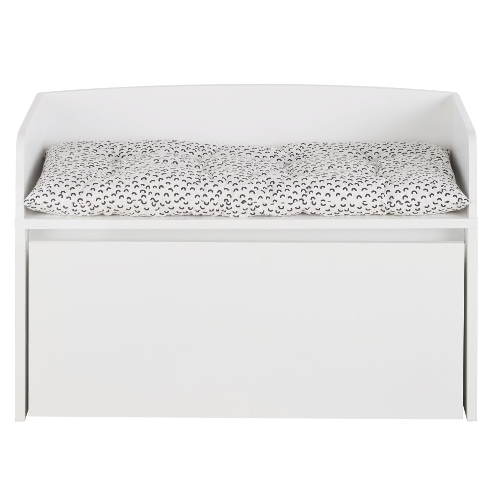 Banc de rangement enfant coloris blanc et coussin en coton imprimé (photo) Banc de rangement enfant coloris blanc et coussin en coton imprimé