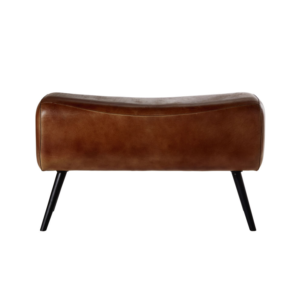 Banc en cuir de buffle marron et métal noir (photo) Banc en cuir de buffle marron et métal noir