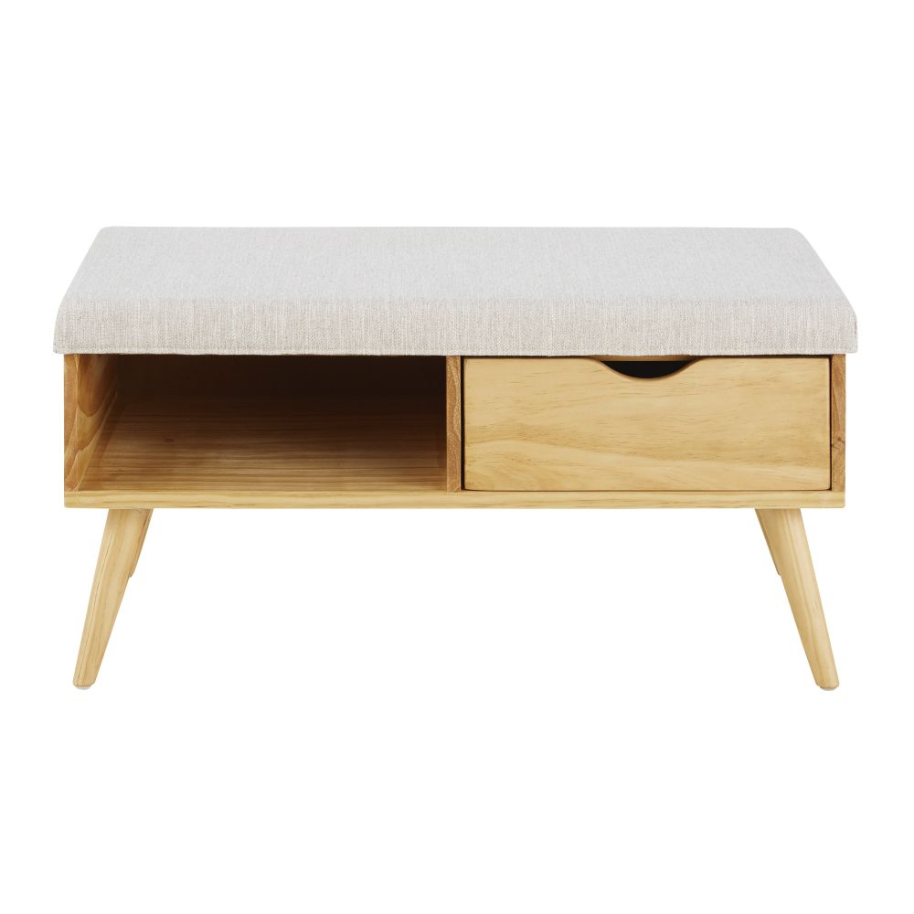 Banc vintage 1 tiroir en pin et coussin gris clair Banc vintage 1 tiroir en pin et coussin gris clair