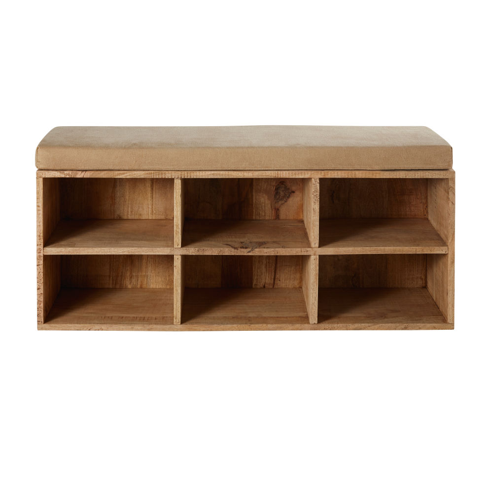 Banquette 8 casiers en manguier et coton beige foncé Banquette 8 casiers en manguier et coton beige foncé