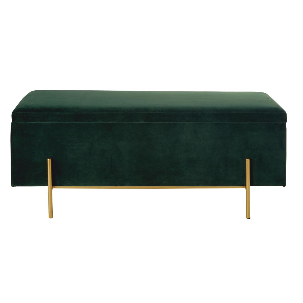 Banquette coffre en velours vert et métal doré Banquette coffre en velours vert et métal doré