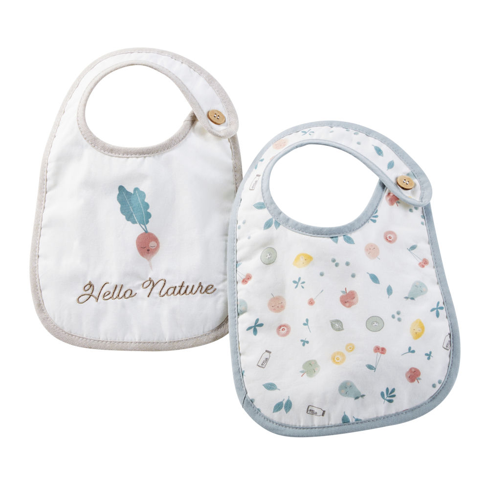 Bavoirs en coton multicolore imprimé fruits et radis (x2) (photo) Bavoirs en coton multicolore imprimé fruits et radis (x2)