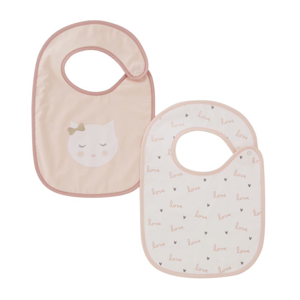 Bavoirs en coton rose, blanc et gris imprimé (x2) (photo) Bavoirs en coton rose, blanc et gris imprimé (x2)