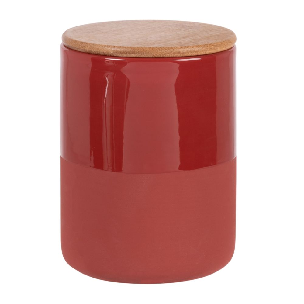 Bocal en faïence rouge et beige et couvercle en bambou H14 (photo) Bocal en faïence rouge et beige et couvercle en bambou H14