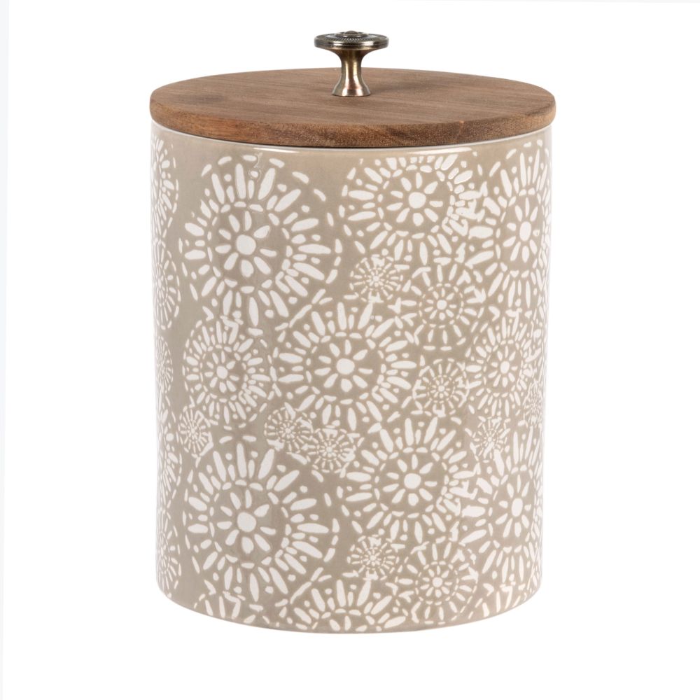 Bocal en faïence taupe et beige à motifs et couvercle en acacia H13 (photo) Bocal en faïence taupe et beige à motifs et couvercle en acacia H13