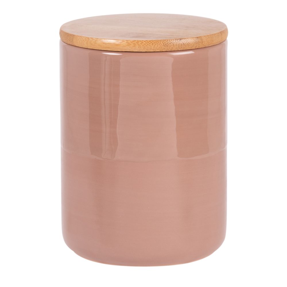 Bocal en faïence taupe et beige et couvercle en bambou H14 (photo) Bocal en faïence taupe et beige et couvercle en bambou H14