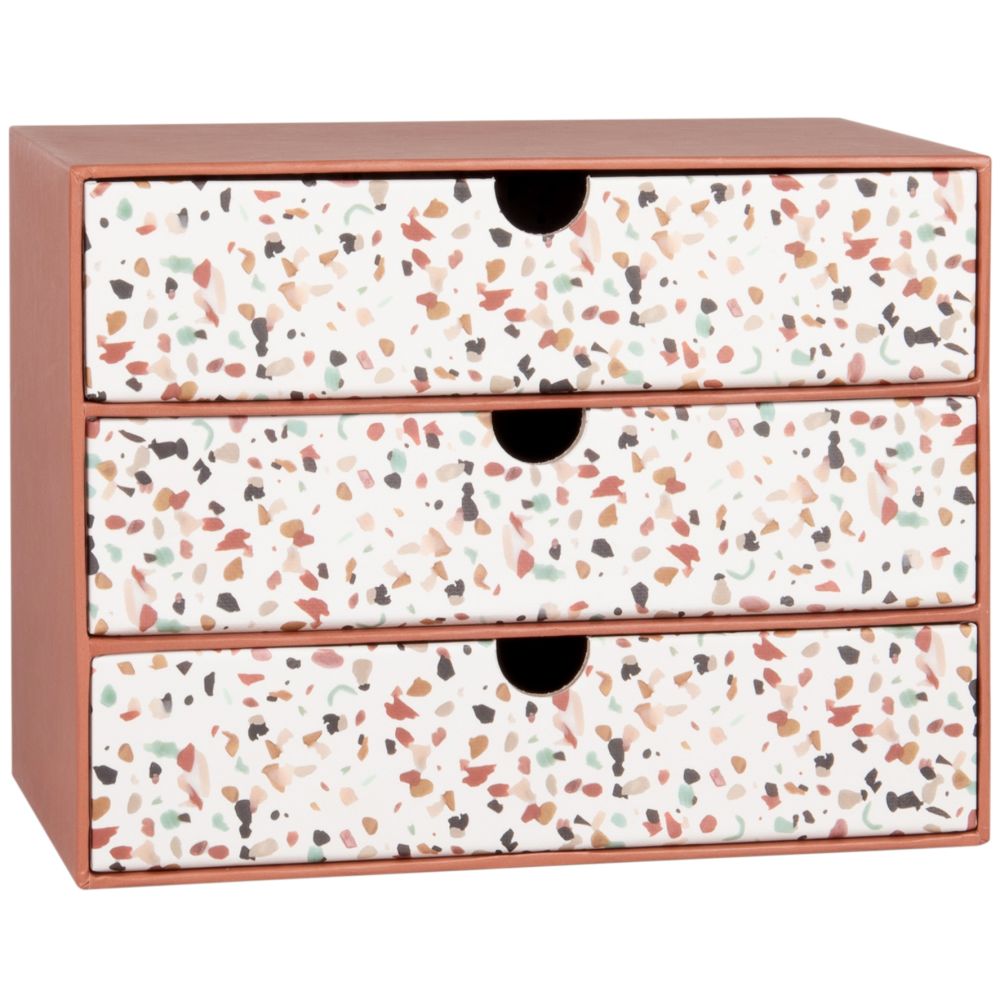 Boîte 3 tiroirs terracotta et blanche à motifs Boîte 3 tiroirs terracotta et blanche à motifs