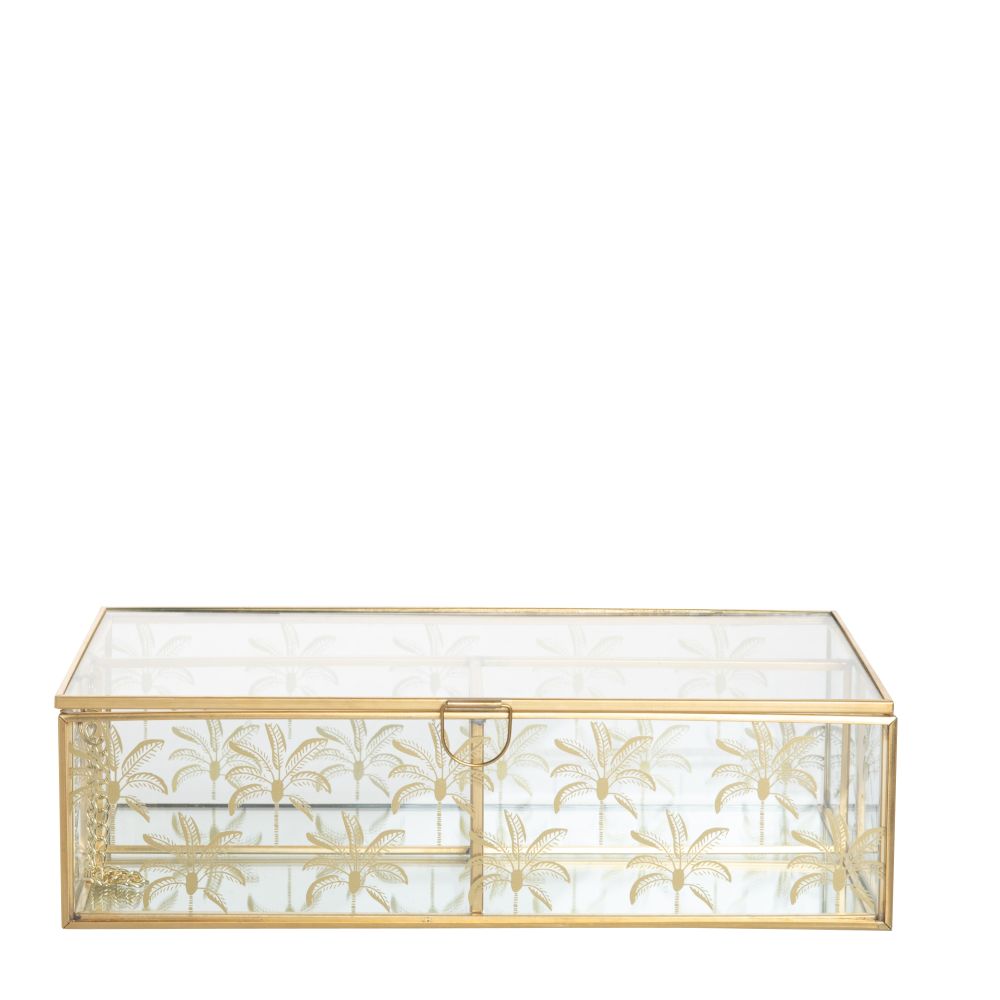 Boîte à bijoux en verre et métal doré imprimé palmiers