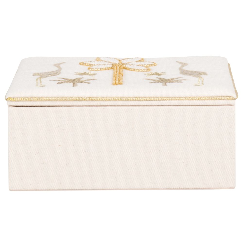 Boîte à bijoux rectangulaire beige avec broderie oiseaux perlés et palmier dorés