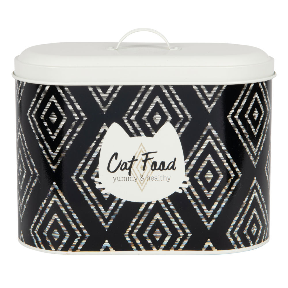 Boîte à croquettes en métal noir motifs graphiques blancs Boîte à croquettes en métal noir motifs graphiques blancs
