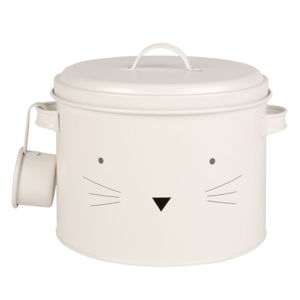 Boîte à croquettes pour chat en métal blanc Boîte à croquettes pour chat en métal blanc