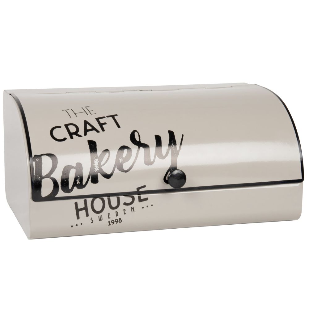 Boîte à pain en métal taupe avec inscriptions noires Boîte à pain en métal taupe avec inscriptions noires