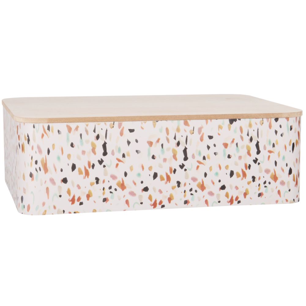 Boîte de rangement en métal blanc à motifs multicolores Boîte de rangement en métal blanc à motifs multicolores