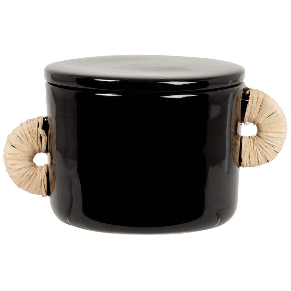 Boîte décorative noir vernis avec anses en raphia beige