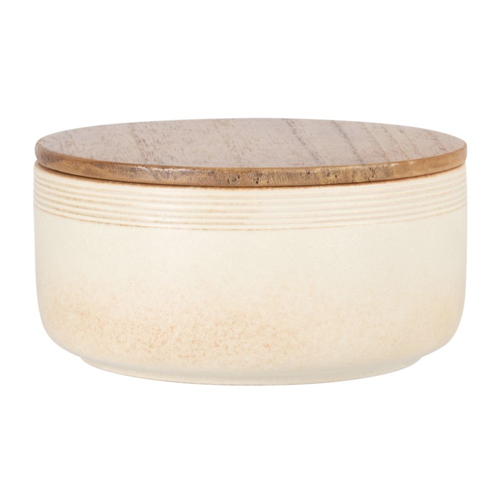 Boîte en grès beige avec couvercle en manguier Boîte en grès beige avec couvercle en manguier