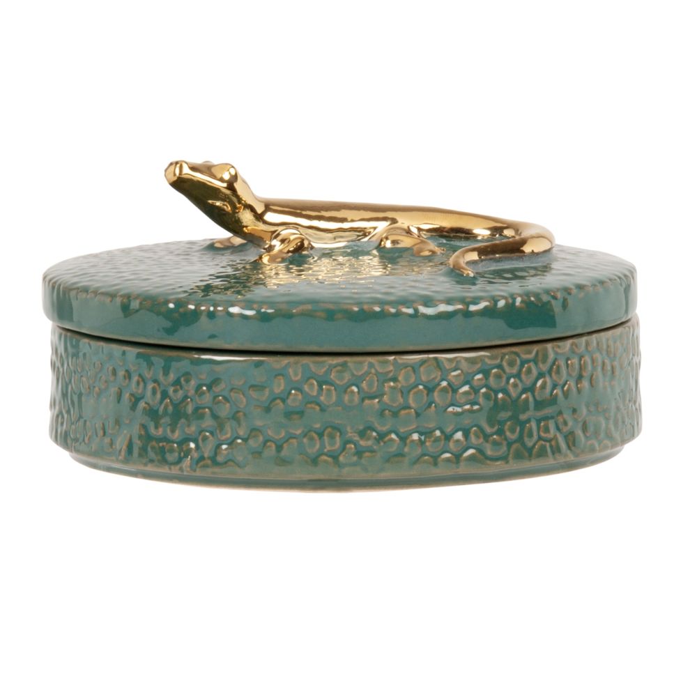 Boîte en grès vert et motif lézard doré Boîte en grès vert et motif lézard doré