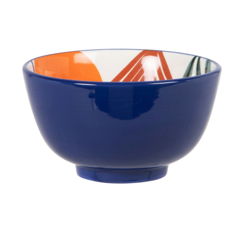 Bol à pied en faïence bleue motif végétal multicolore Bol à pied en faïence bleue motif végétal multicolore