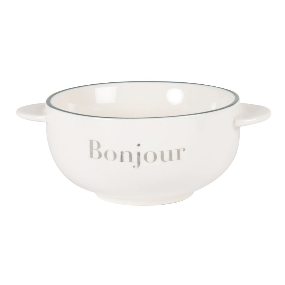 Bol en grès blanc et bleu avec inscription bonjour Bol en grès blanc et bleu avec inscription bonjour