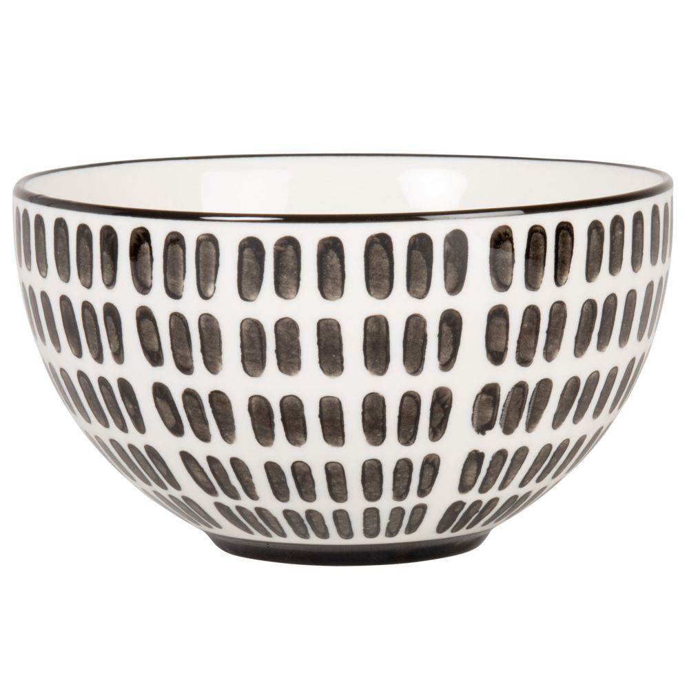 Bol en grès blanc motifs tirets noirs Bol en grès blanc motifs tirets noirs