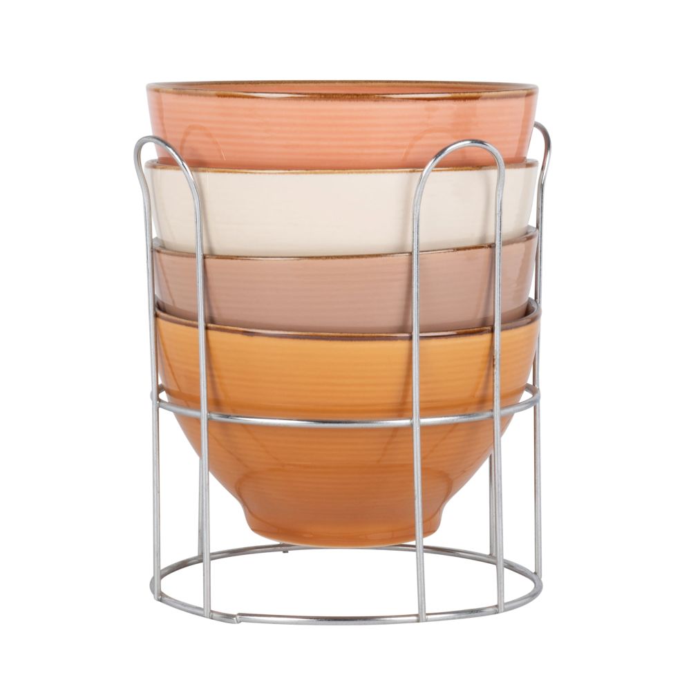 Bols en faïence multicolore (x4) avec support en métal Bols en faïence multicolore (x4) avec support en métal