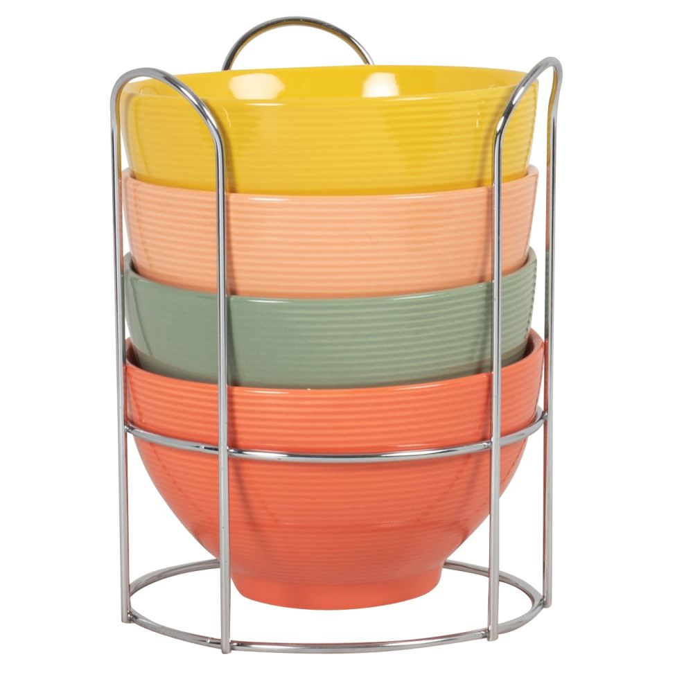 Bols en grès orange, vert et jaune (x4) et support en métal argenté Bols en grès orange, vert et jaune (x4) et support en métal argenté