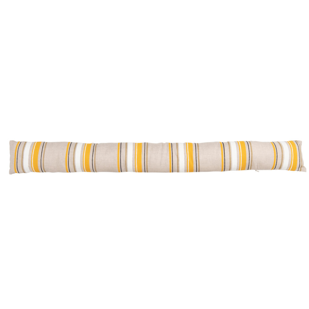 Boudin de porte en lin beige à rayures blanches, jaunes et marron (photo) Boudin de porte en lin beige à rayures blanches, jaunes et marron