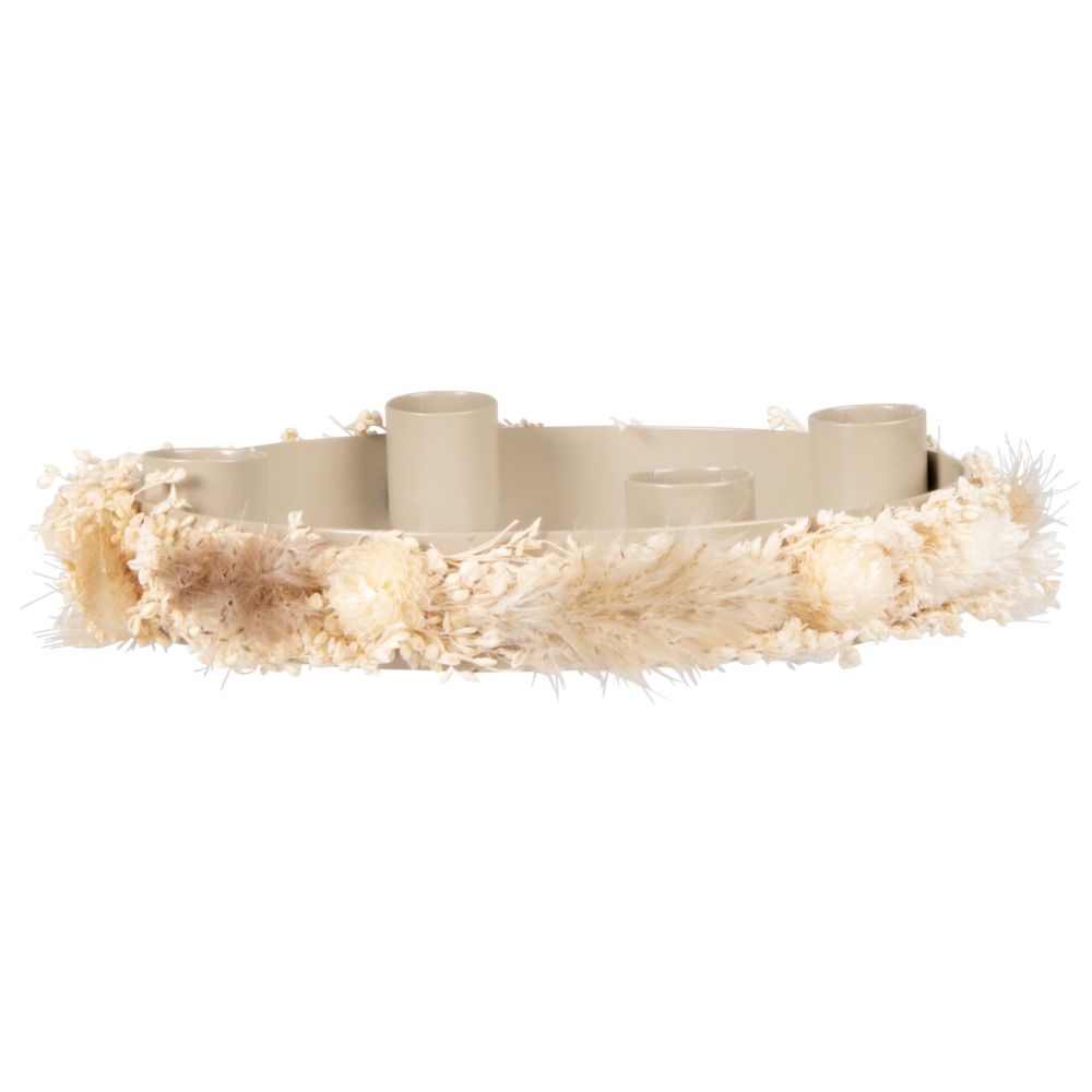 Bougeoir en métal taupe grisé et couronne de fleurs séchées beiges Bougeoir en métal taupe grisé et couronne de fleurs séchées beiges