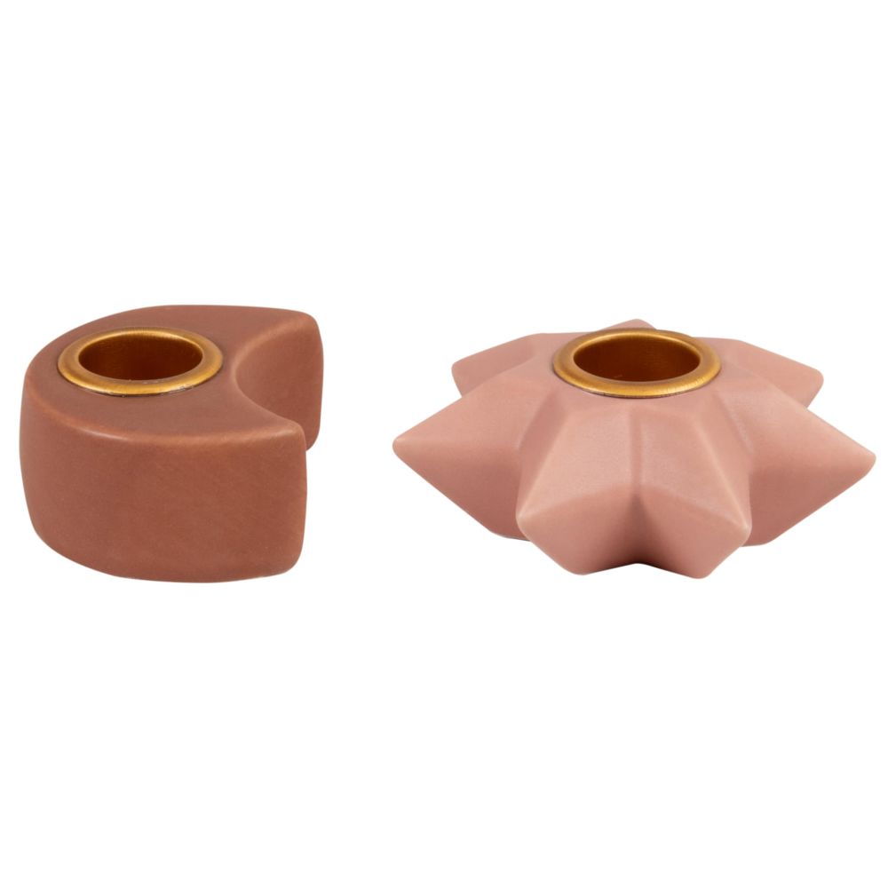 Bougeoirs étoile et lune en porcelaine vieux rose et marron (x2) Bougeoirs étoile et lune en porcelaine vieux rose et marron (x2)