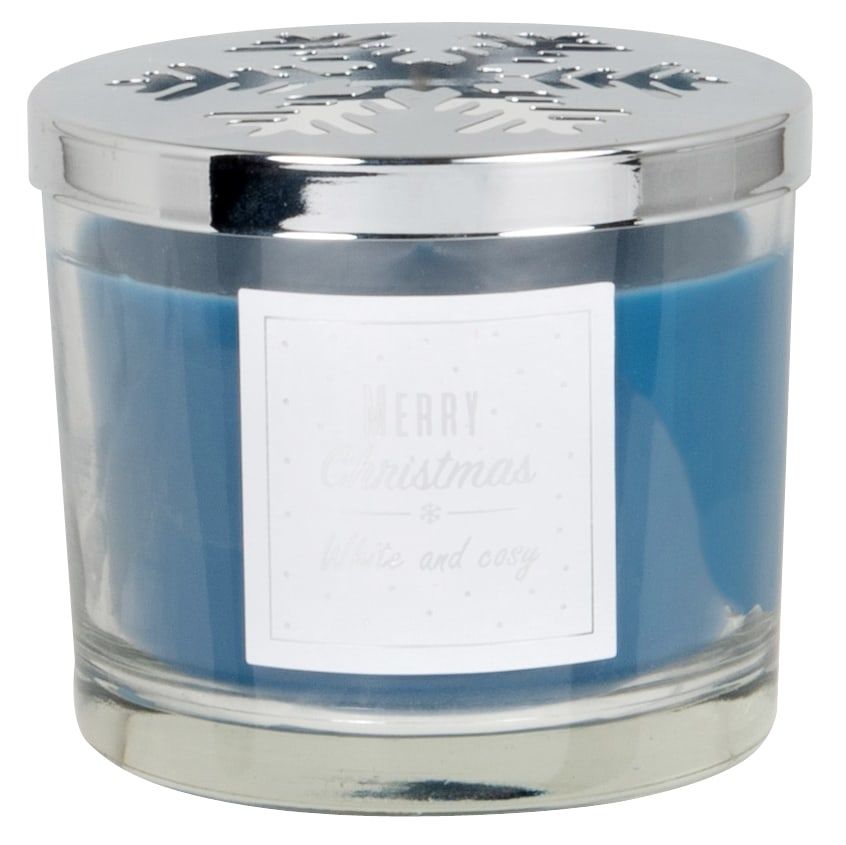 Bougie parfumée bleue en verre avec couvercle flocon argenté 220g
