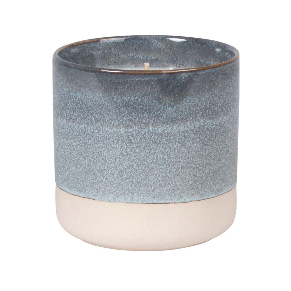 Bougie parfumée en céramique et raphia bleu et blanc