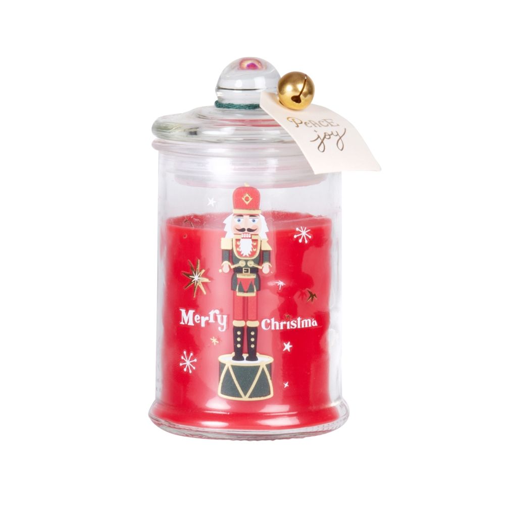Bougie parfumée en verre imprimé casse-noisette rouge, doré et blanc Bougie parfumée en verre imprimé casse-noisette rouge, doré et blanc