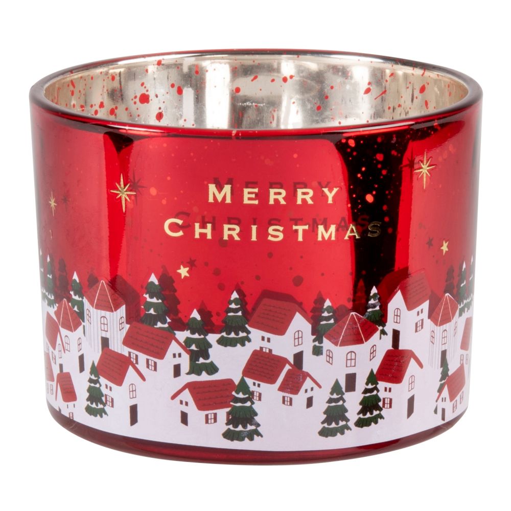 Bougie parfumée en verre imprimé rouge, vert, blanc et doré Bougie parfumée en verre imprimé rouge, vert, blanc et doré