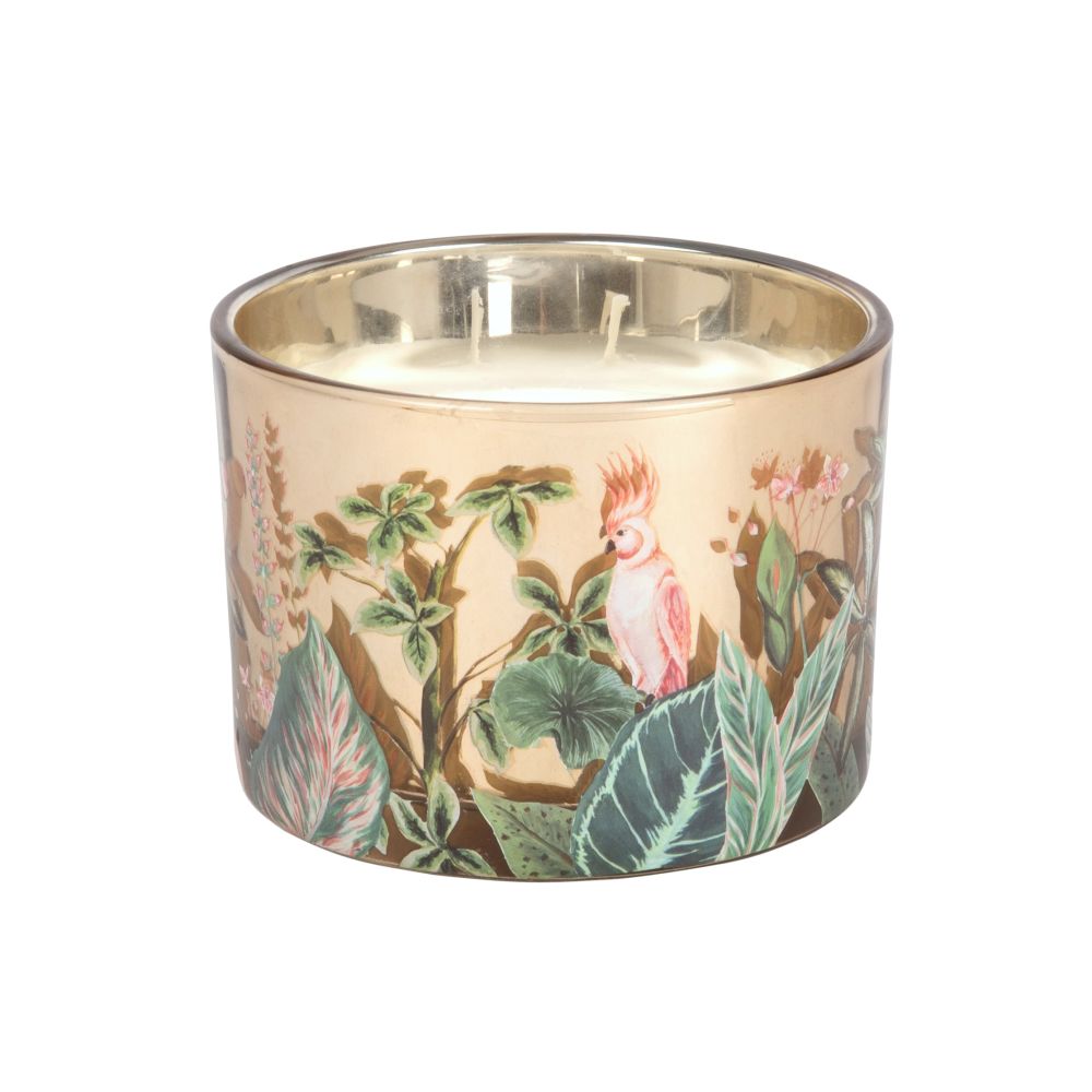 Bougie parfumée en verre motif jungle rose et vert, 280g Bougie parfumée en verre motif jungle rose et vert, 280g