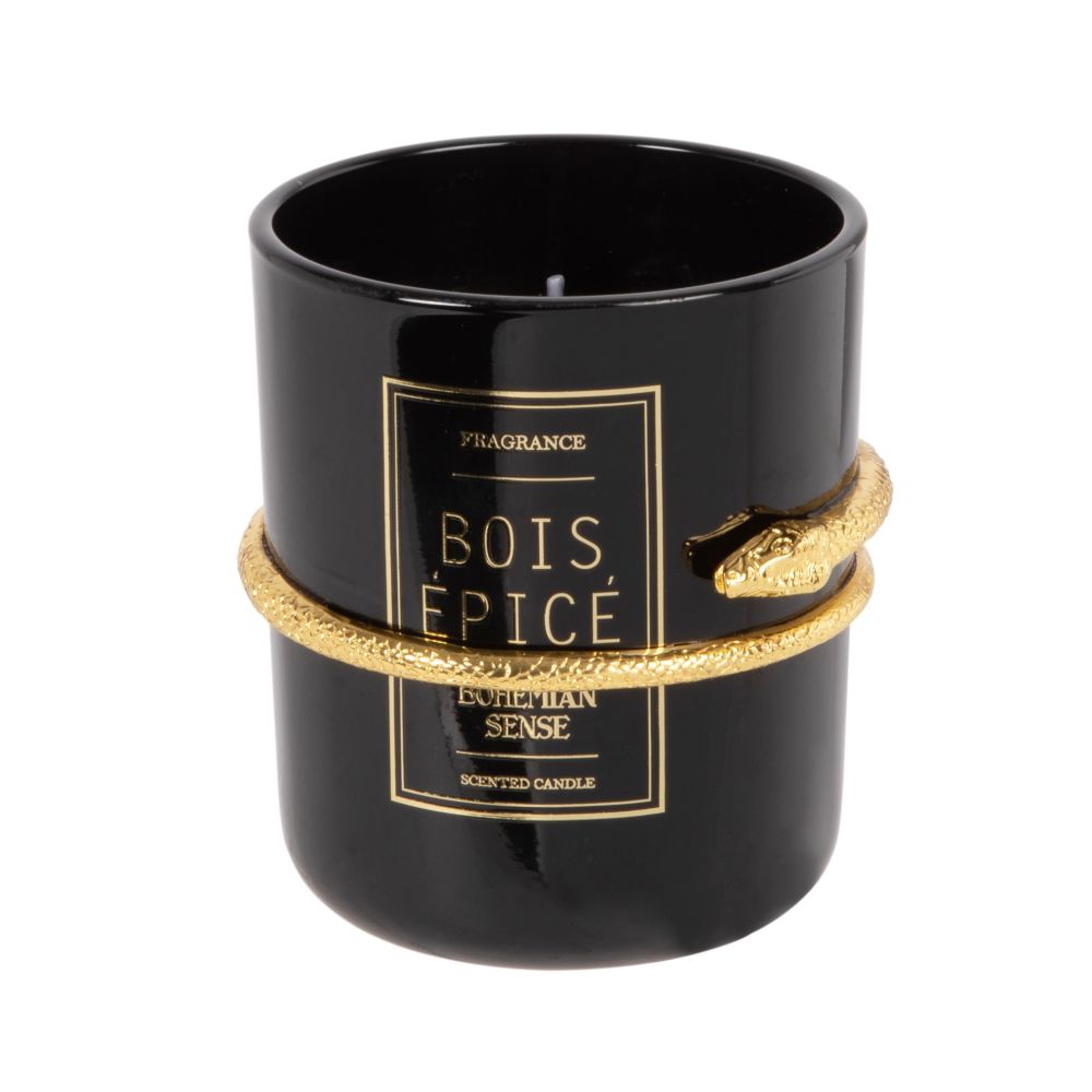 Bougie parfumée en verre noir et ornement serpent en métal doré