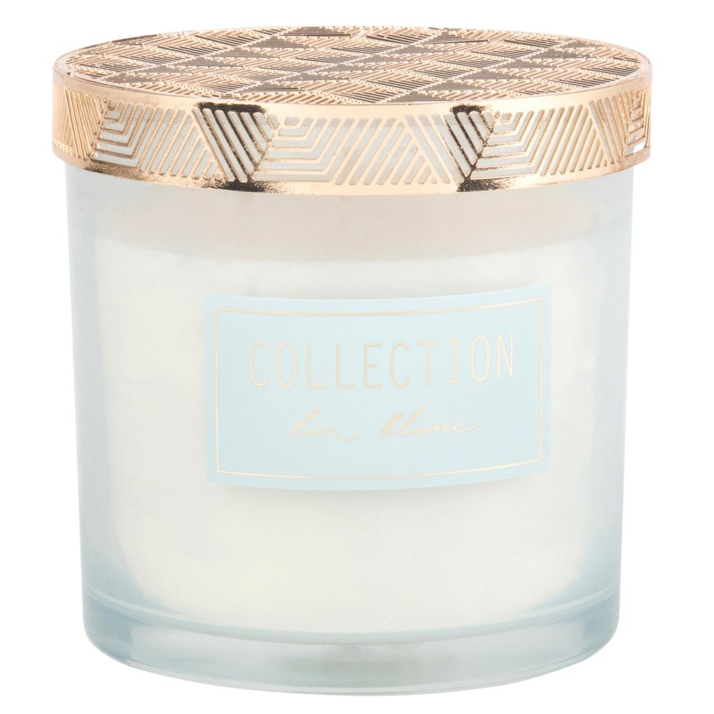 Bougie parfumée en verre teinté bleu clair et métal doré (photo) Bougie parfumée en verre teinté bleu clair et métal doré