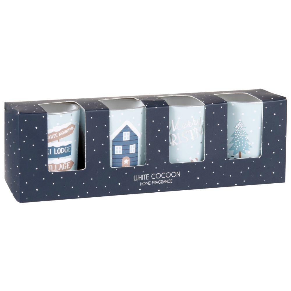 Bougies parfumées motifs bleus, blancs, marron et argentés (x4) Bougies parfumées motifs bleus, blancs, marron et argentés (x4)