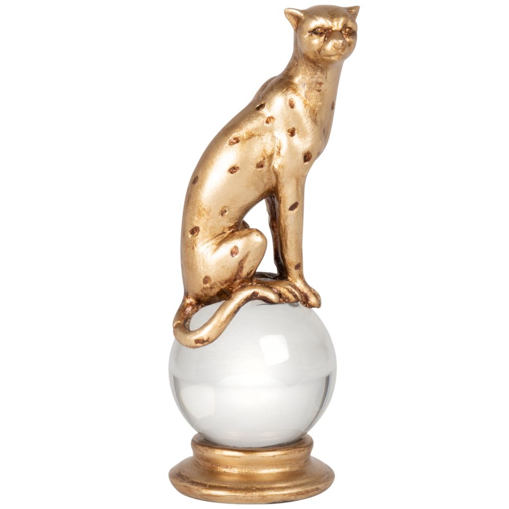 Boule à neige en verre transparent et léopard doré Boule à neige en verre transparent et léopard doré