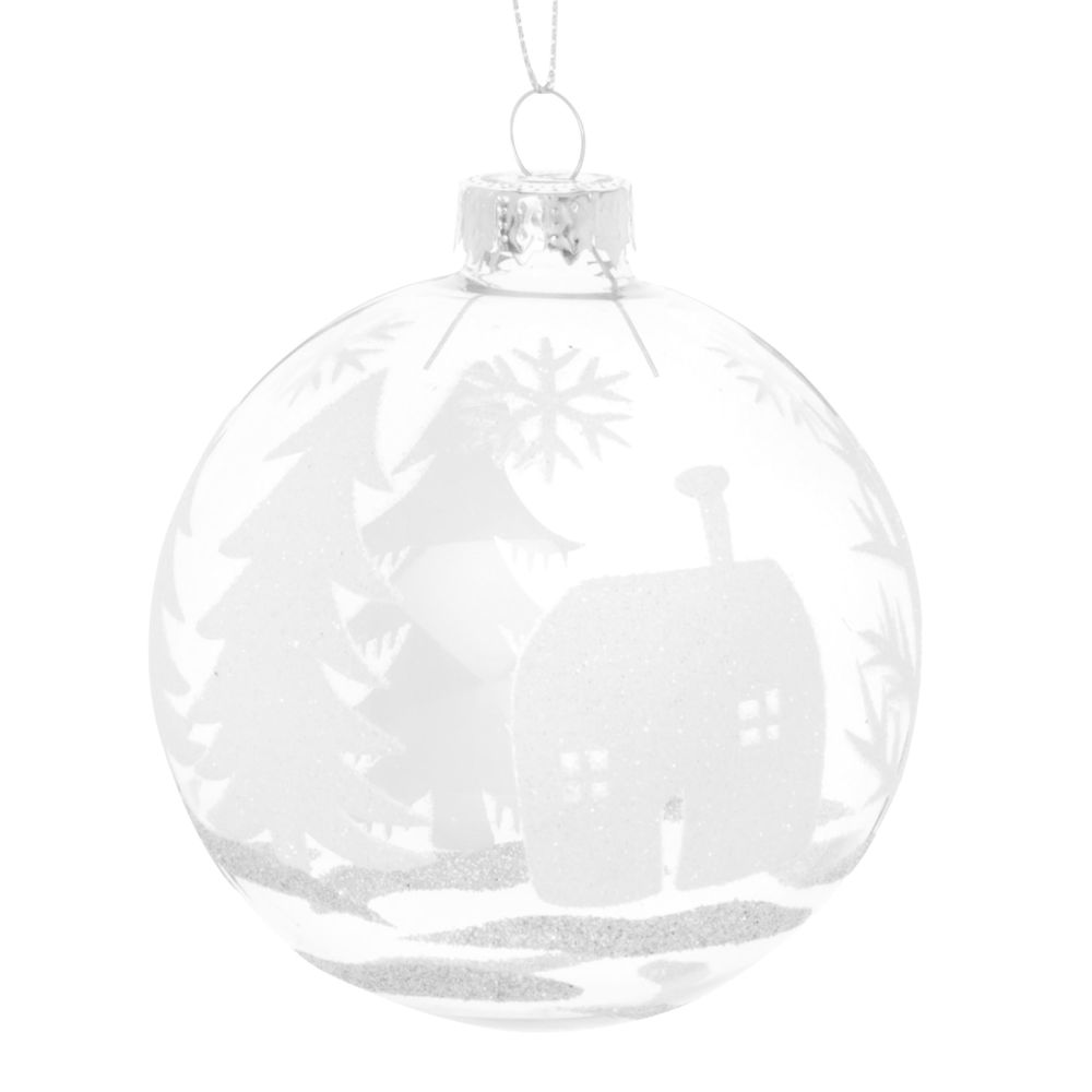 Boule à neige en verre transparent motif village blanc Boule à neige en verre transparent motif village blanc