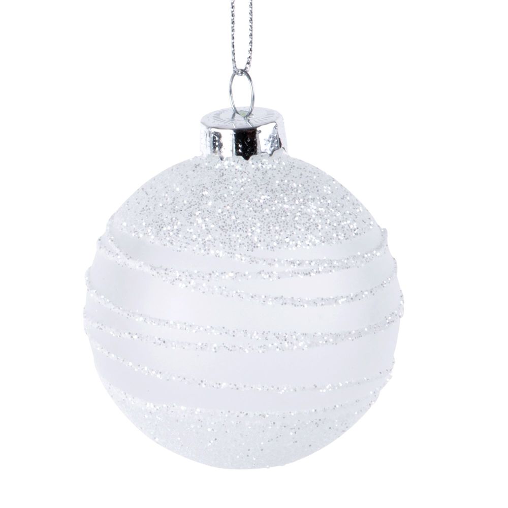 Boule de Noël blanche en verre à motifs et paillettes argentées Boule de Noël blanche en verre à motifs et paillettes argentées