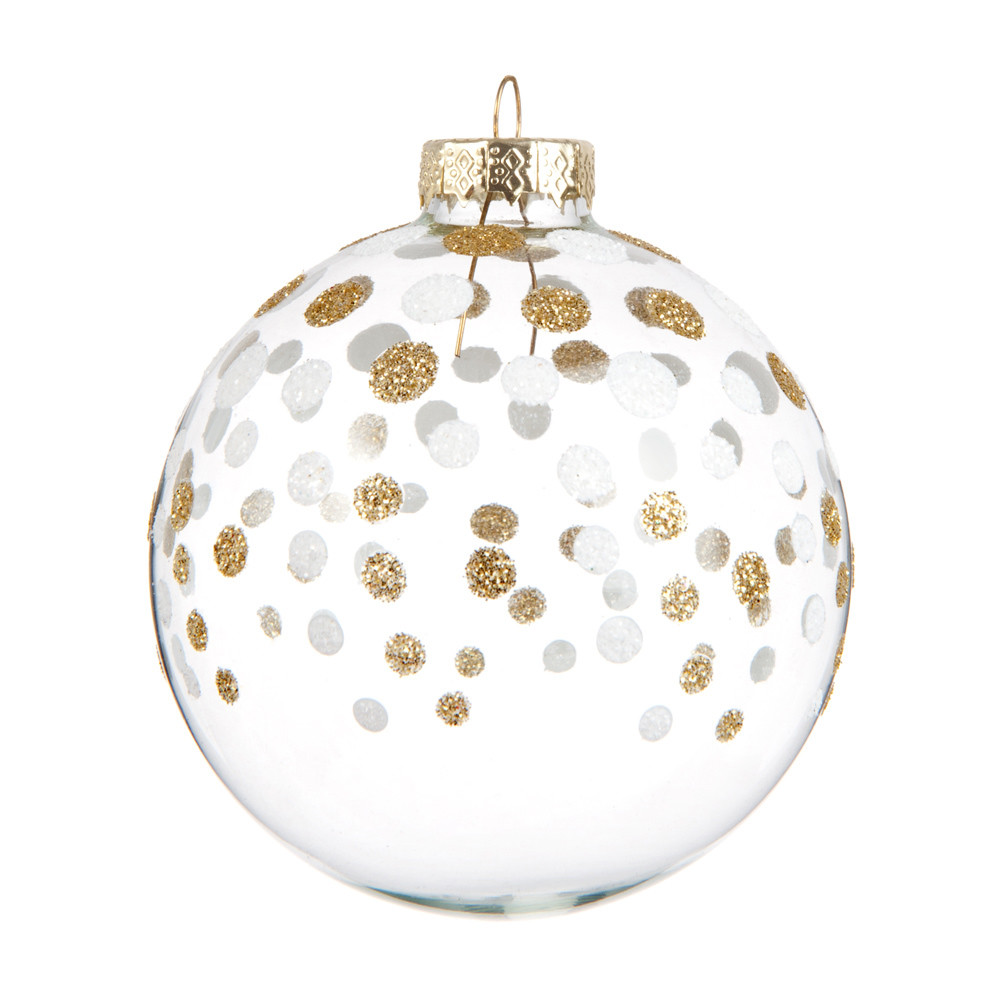 Boule de Noël blanche en verre motifs à pois dorés Boule de Noël blanche en verre motifs à pois dorés