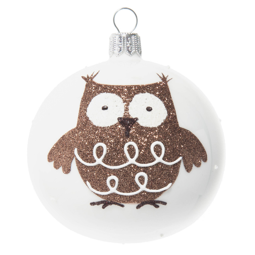 Boule de Noël blanche imprimé chouette à paillettes marron Boule de Noël blanche imprimé chouette à paillettes marron