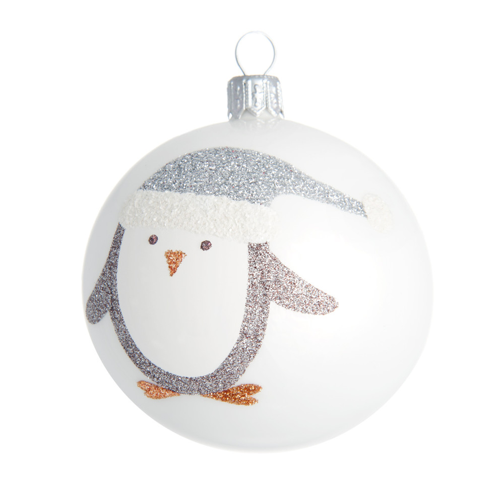Boule de Noël blanche imprimé pingouin argenté Boule de Noël blanche imprimé pingouin argenté