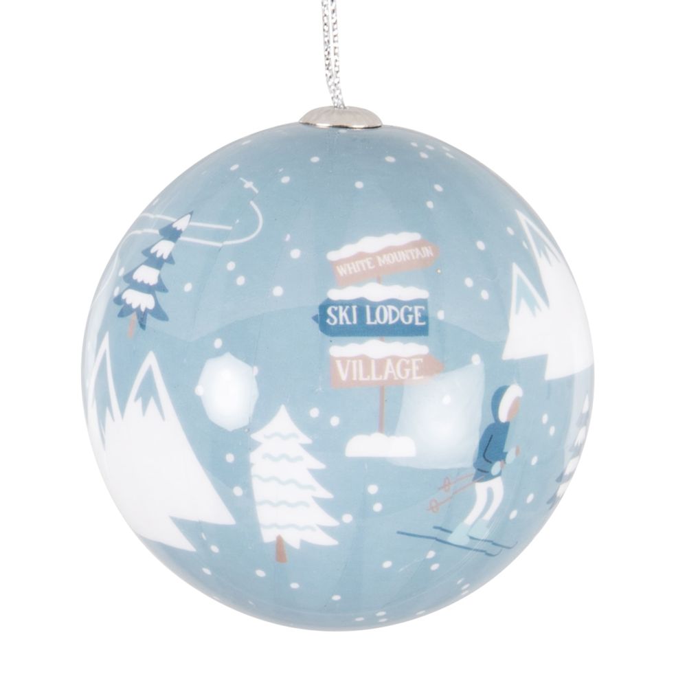 Boule de Noël en papier imprimé station de ski bleu et marron Boule de Noël en papier imprimé station de ski bleu et marron