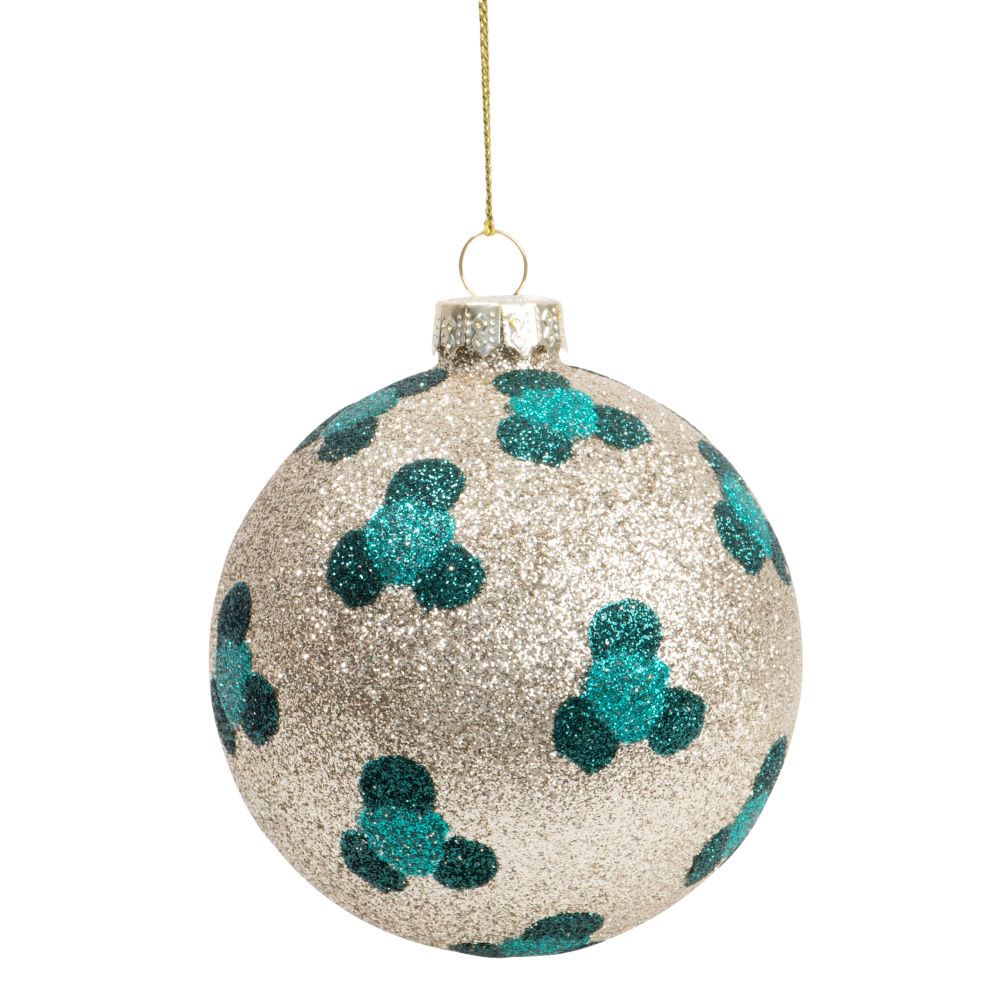 Boule de Noël en verre à paillettes dorées motif léopard bleu canard et noir Boule de Noël en verre à paillettes dorées motif léopard bleu canard et noir